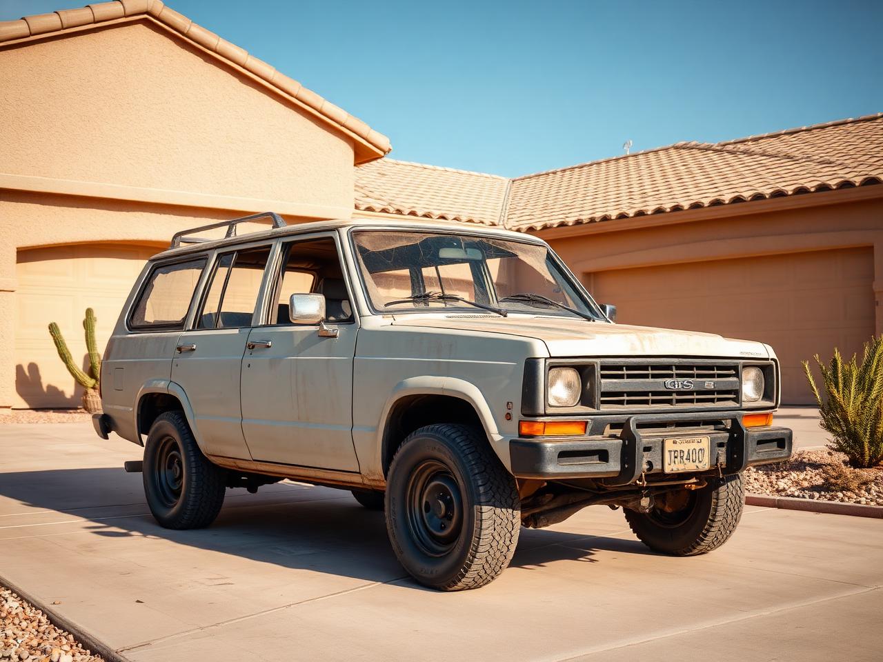 Dusty old SUV parked in a stucco-home driveway